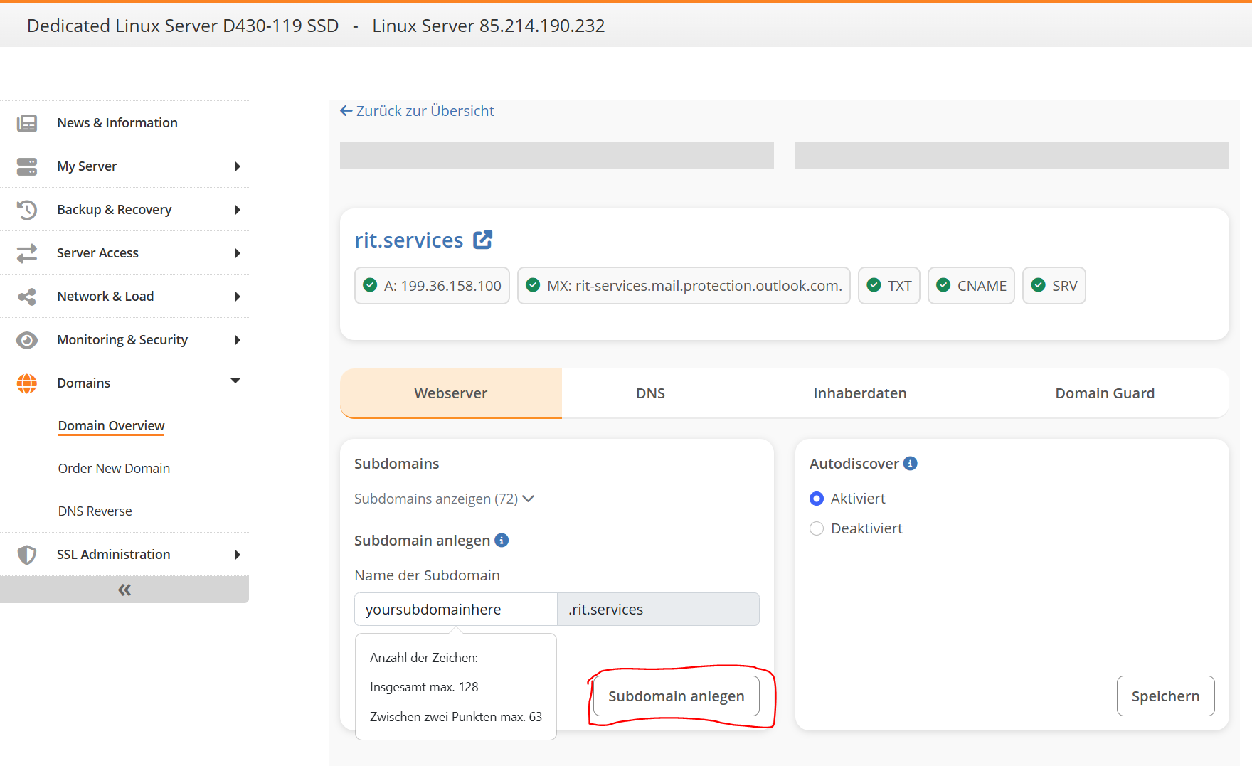 create subdomain button